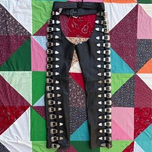 L.A. Roxx Black Leather Chaps with Silver Buckles and Western Longhorn Motif